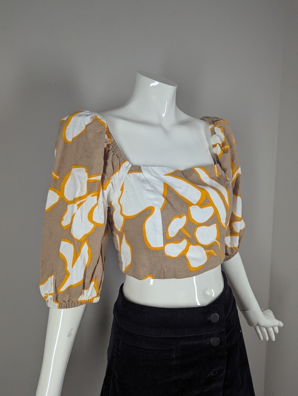 Dynamite Crop Top Small Linen Blend Puff Sleeve Tie Back Summer Top - Picture 4 of 7